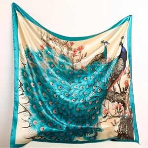 Jacarda Peacock Satin Scarf - Teal and Cream
